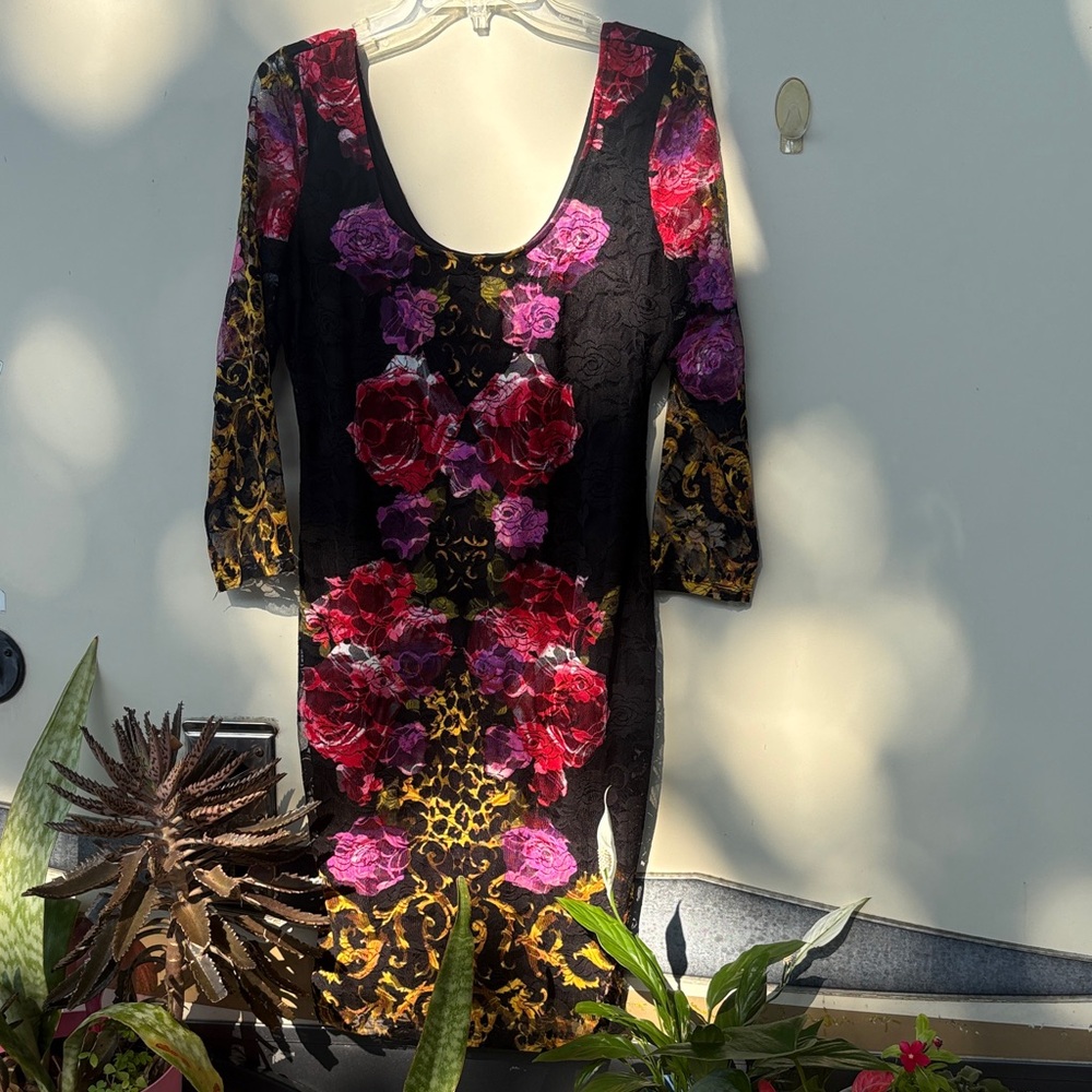 VENUS Black Midi Dress with Pink and Red Floral Print
